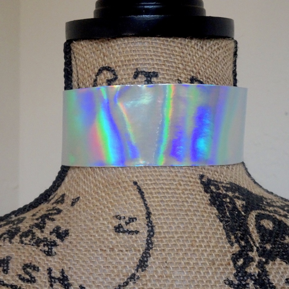 New Big Wide Silver Holographic Iridescent Choker Festival Raver Statement Piece